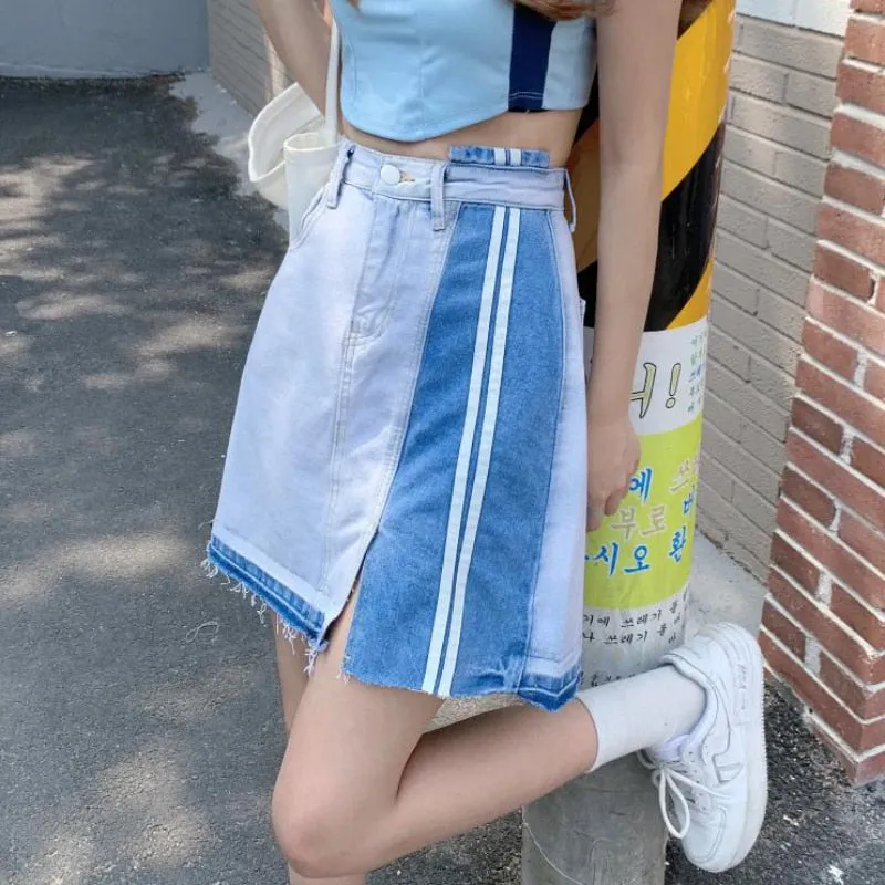 Designed Women Denim Skirt High Waist Patchwork Tassel A Line Jeans Skirt Fashion Streetwear Summer Girls Mini Skirts New