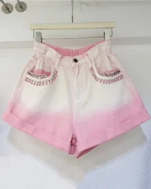 Diamond-Encrusted Colorblock Rolled Hem High-Waisted Wide-Leg Denim Shorts