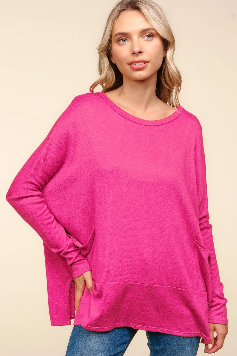 Dolman Long Sleeve Oversized Knit Top with Pockets