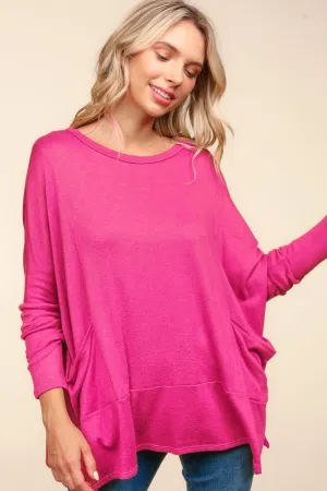 Dolman Long Sleeve Oversized Knit Top with Pockets