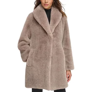 Donna Karan Womens Long Formal Faux Fur Coat