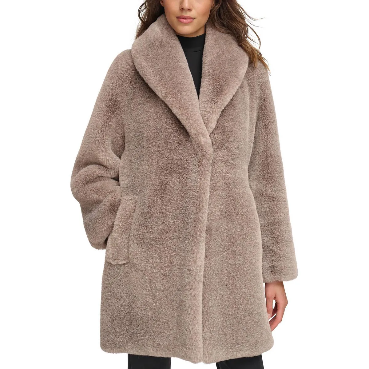 Donna Karan Womens Long Formal Faux Fur Coat