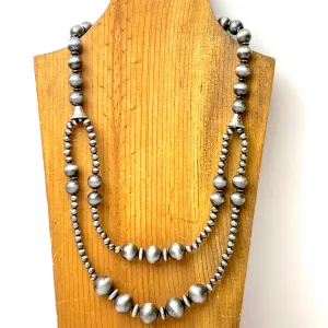 Double Row Faux Navajo Pearl Layering Necklace in Silver Tone