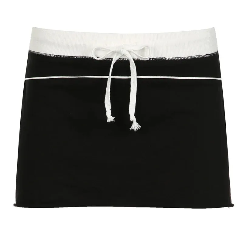 Drawstring Low Rise A Line Mini Skirt Elastic Waist Women Summer Black Skirt Casual Y2k 2000s Clothes P67-BB20