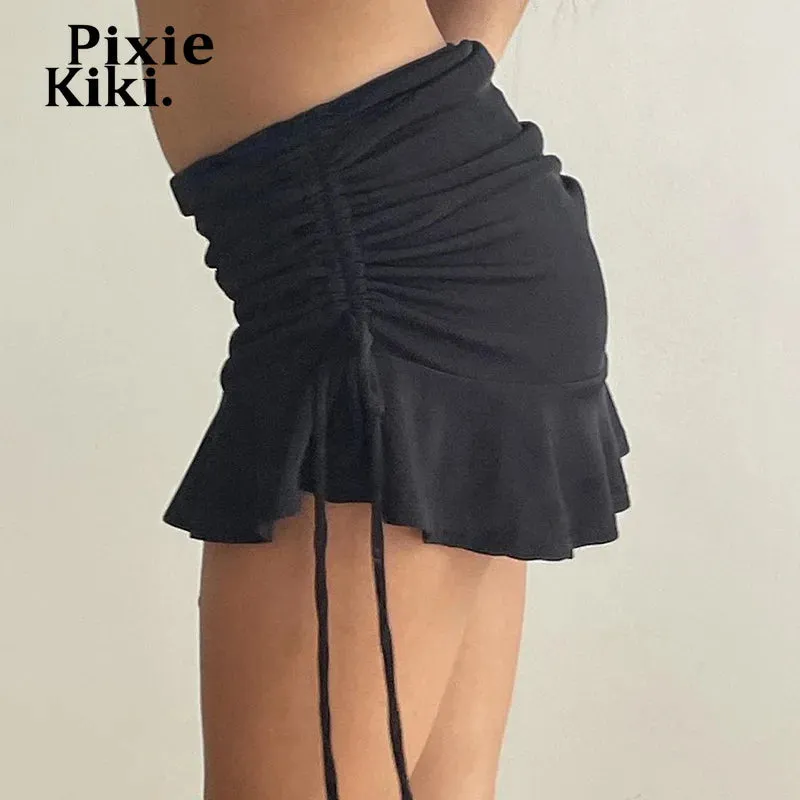 Drawstring Ruched Low Waist Ruffle Mini Skirts for Woman Black Skirt Y2k Summer Clothes Women 2024 P84-AI20