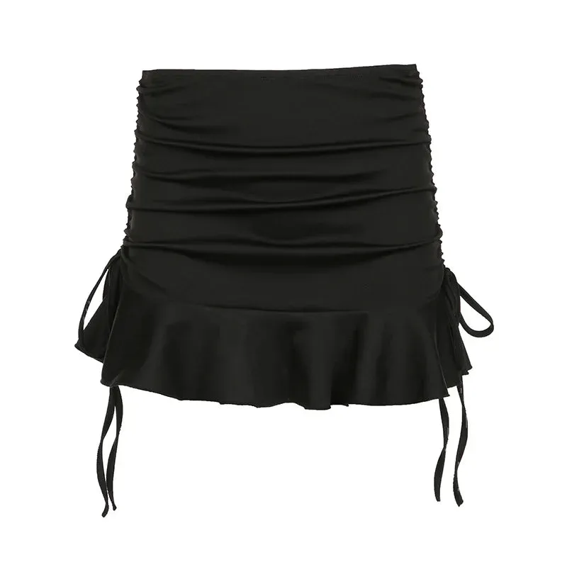 Drawstring Ruched Low Waist Ruffle Mini Skirts for Woman Black Skirt Y2k Summer Clothes Women 2024 P84-AI20