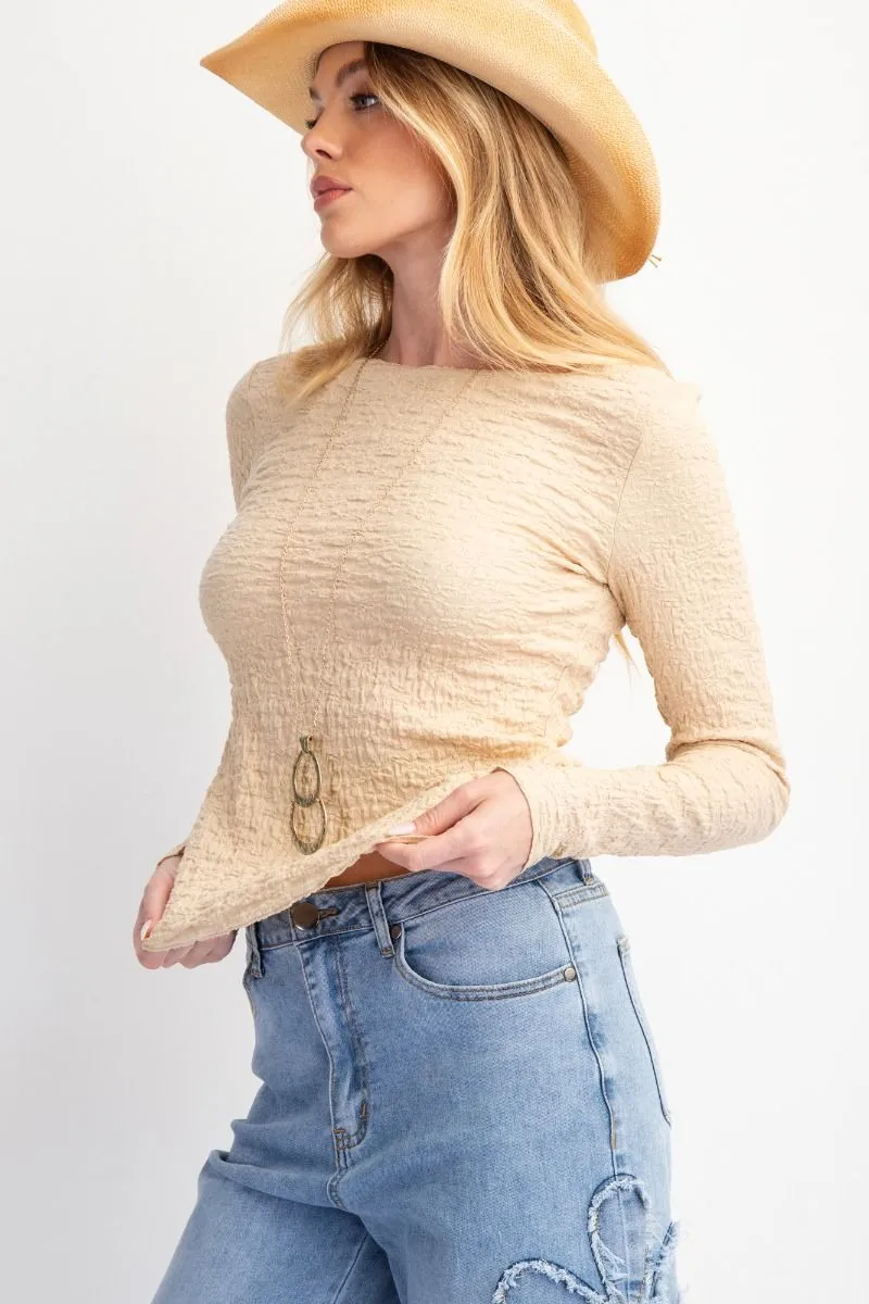 Easel - Natural Long Slv Popcorn Knit Fitted Top