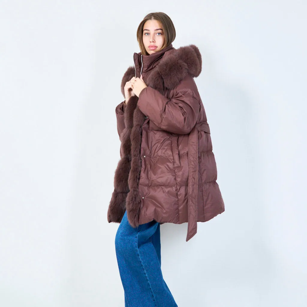 Elegant belted puffer duck down coat with plush fur trim wholesale