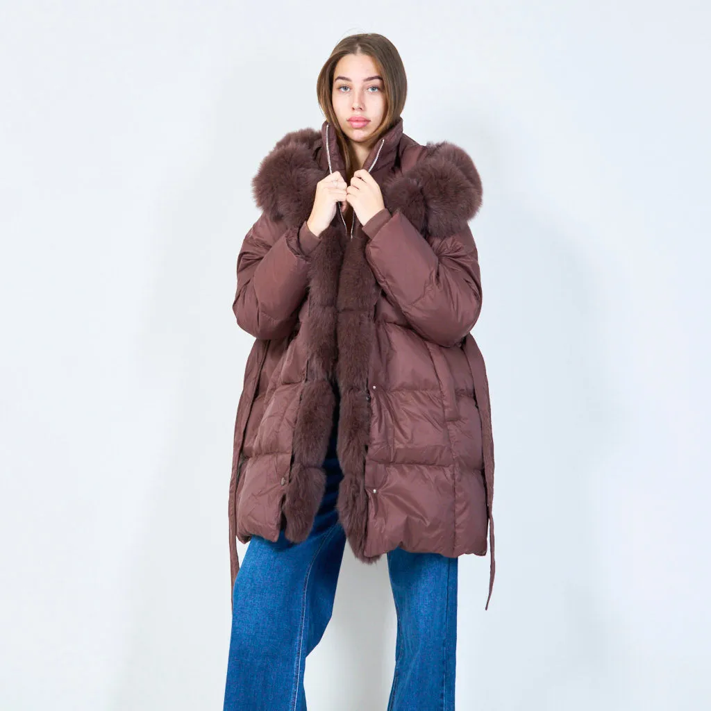 Elegant belted puffer duck down coat with plush fur trim wholesale