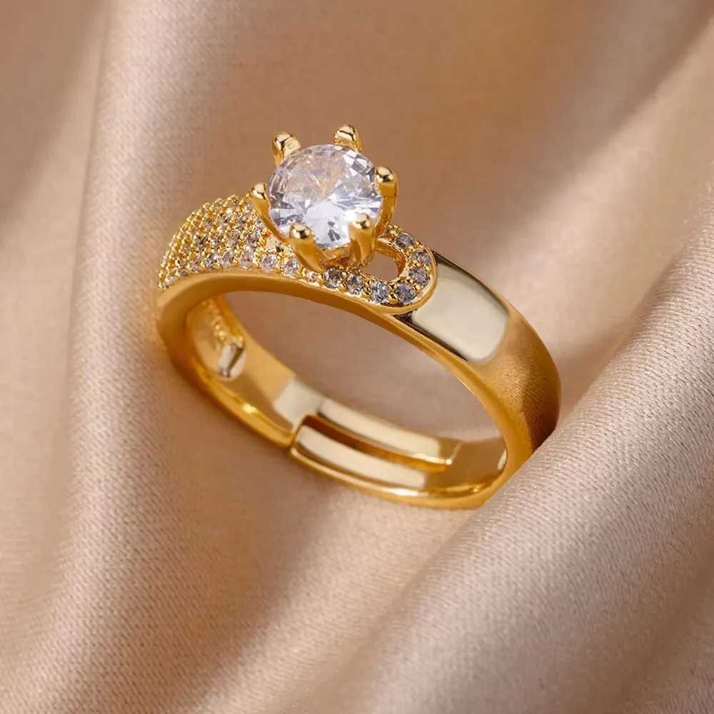 Elegant Gold Zircon Crystal Geometric Ring for Women - Sophisticated Wedding and Party Jewelry Gift