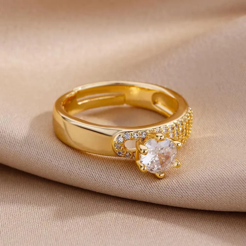 Elegant Gold Zircon Crystal Geometric Ring for Women - Sophisticated Wedding and Party Jewelry Gift