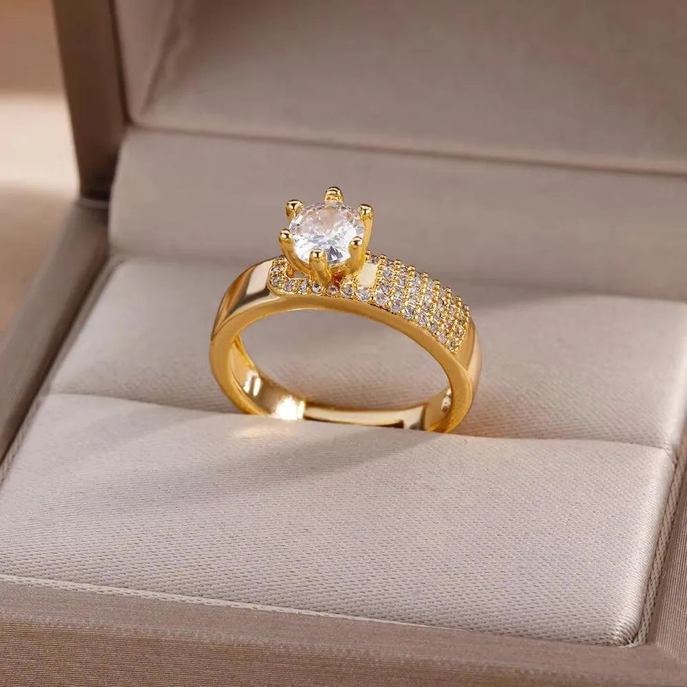 Elegant Gold Zircon Crystal Geometric Ring for Women - Sophisticated Wedding and Party Jewelry Gift