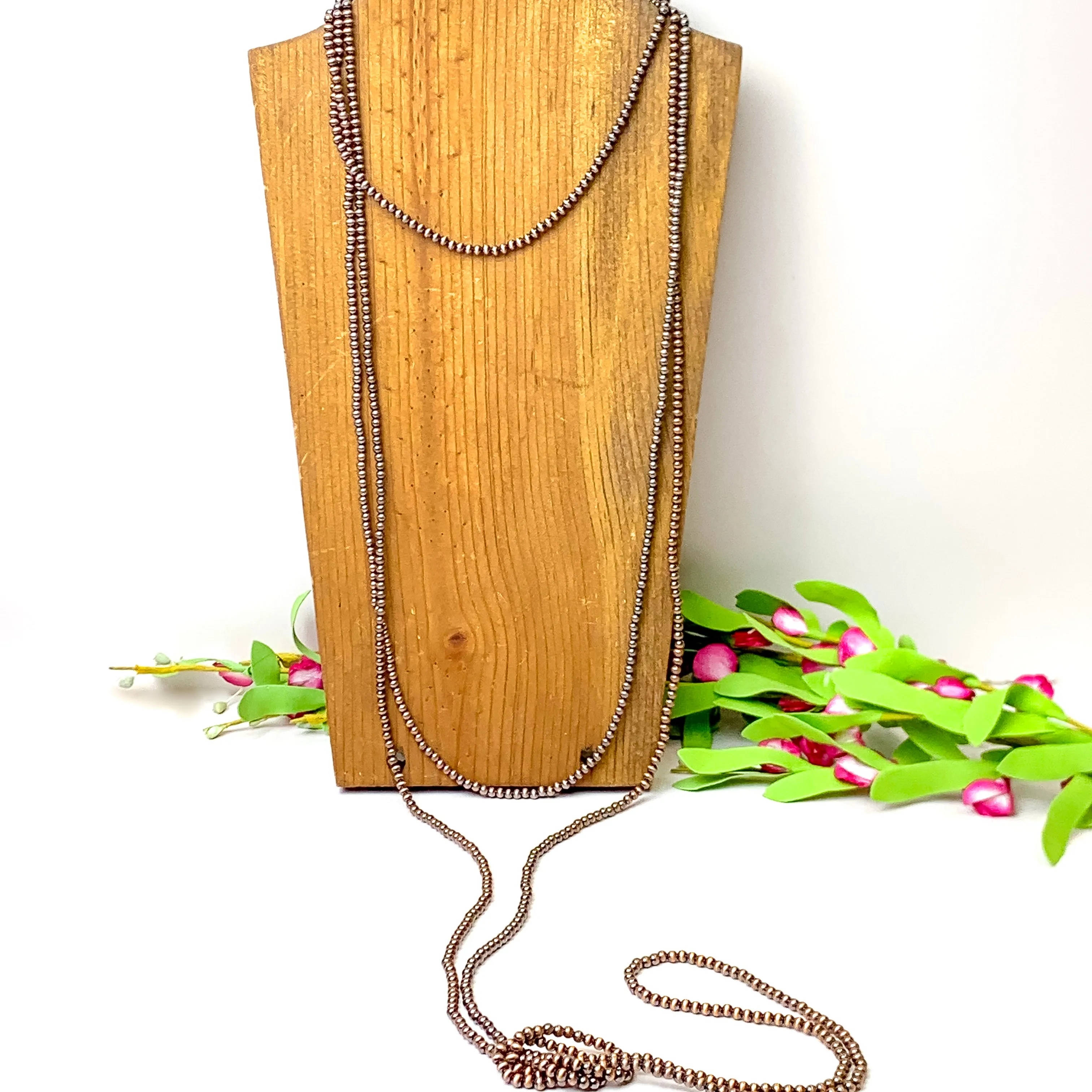 Extra Long Three Row Faux Navajo Pearl Layering Necklace in Copper Tone