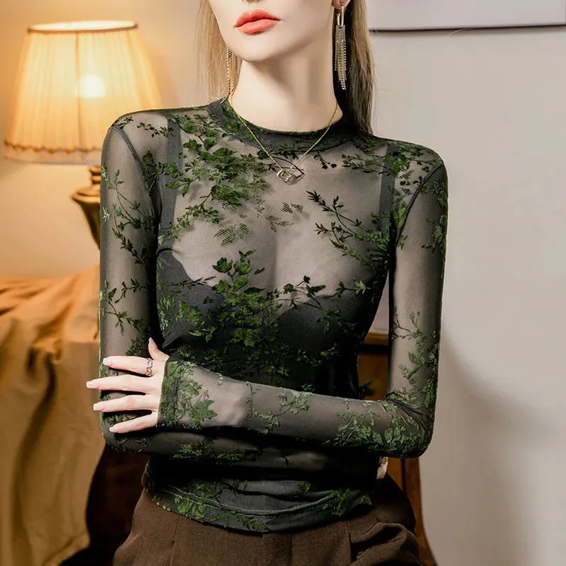 Fairycore Forest Green Mesh Long Sleeve Top