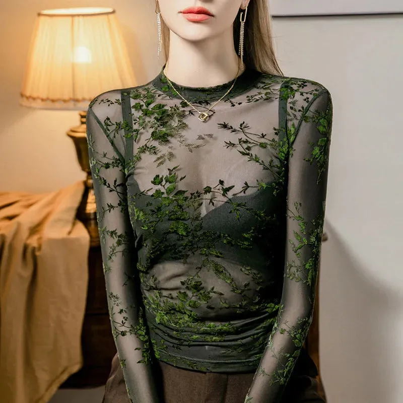 Fairycore Forest Green Mesh Long Sleeve Top