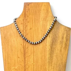 Faux Navajo Pearl Choker Necklace with Corrugated Spacers in Silver Tone