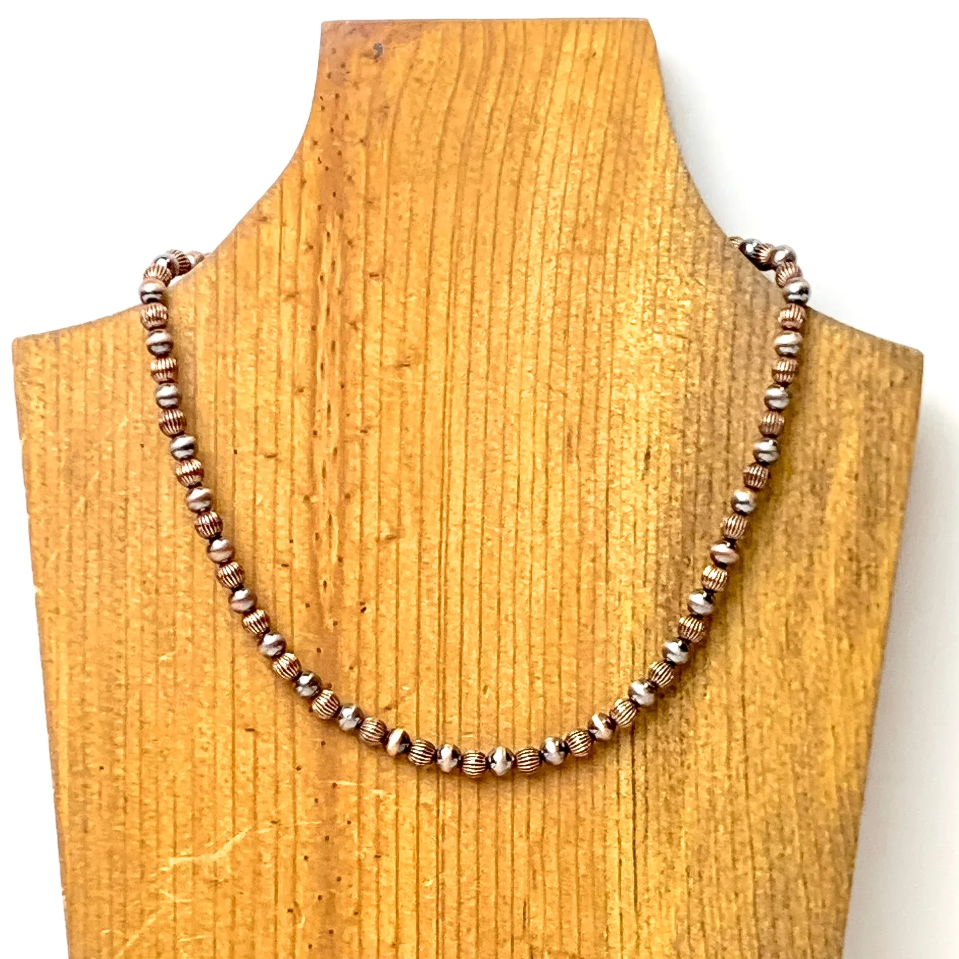 Faux Navajo Pearl Necklace with Corrugated Spacers in Copper Tone