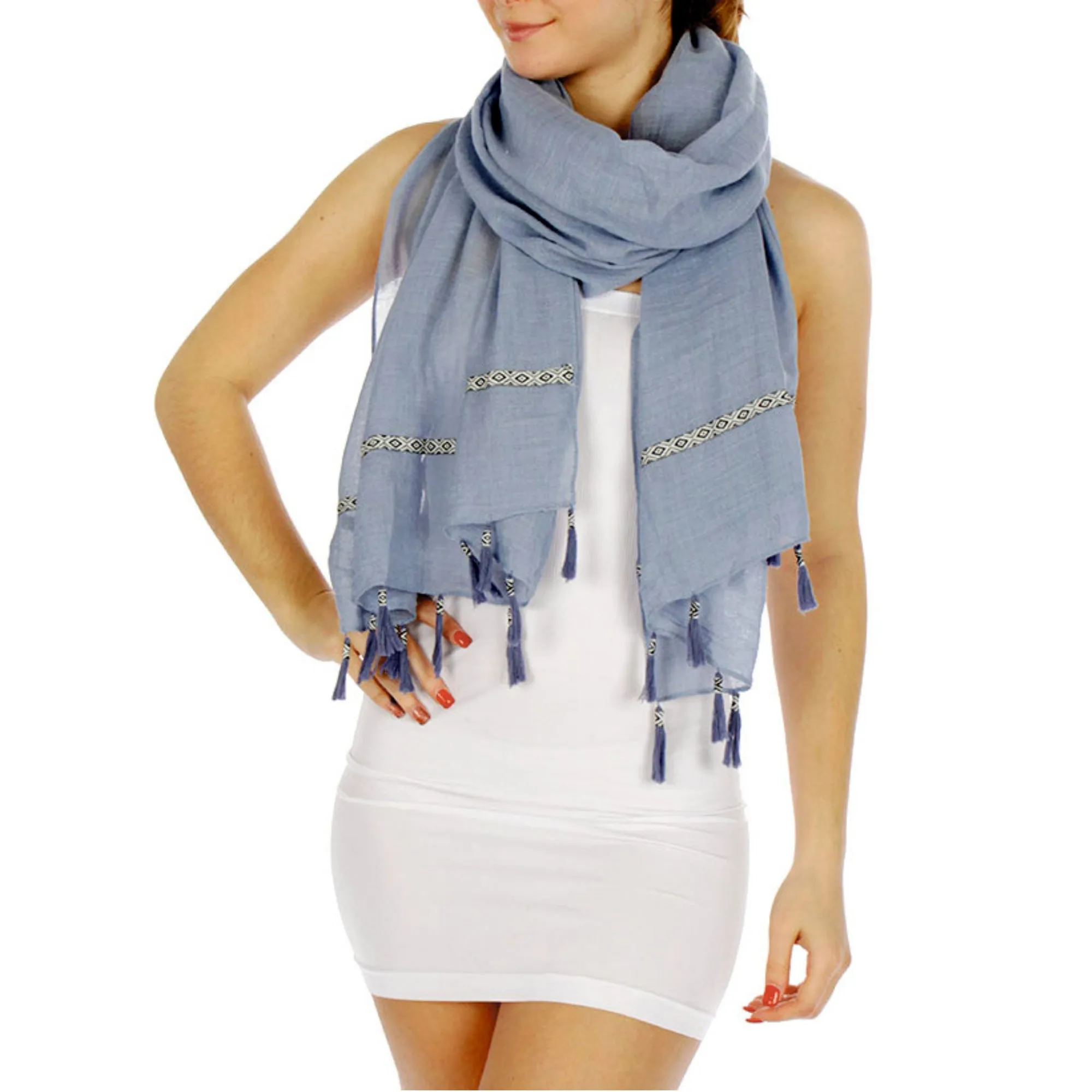 Feria Mode Women's Lightweight  Aztec Insert Trim Tasseled Scarf Shawl Wrap Cover-Up