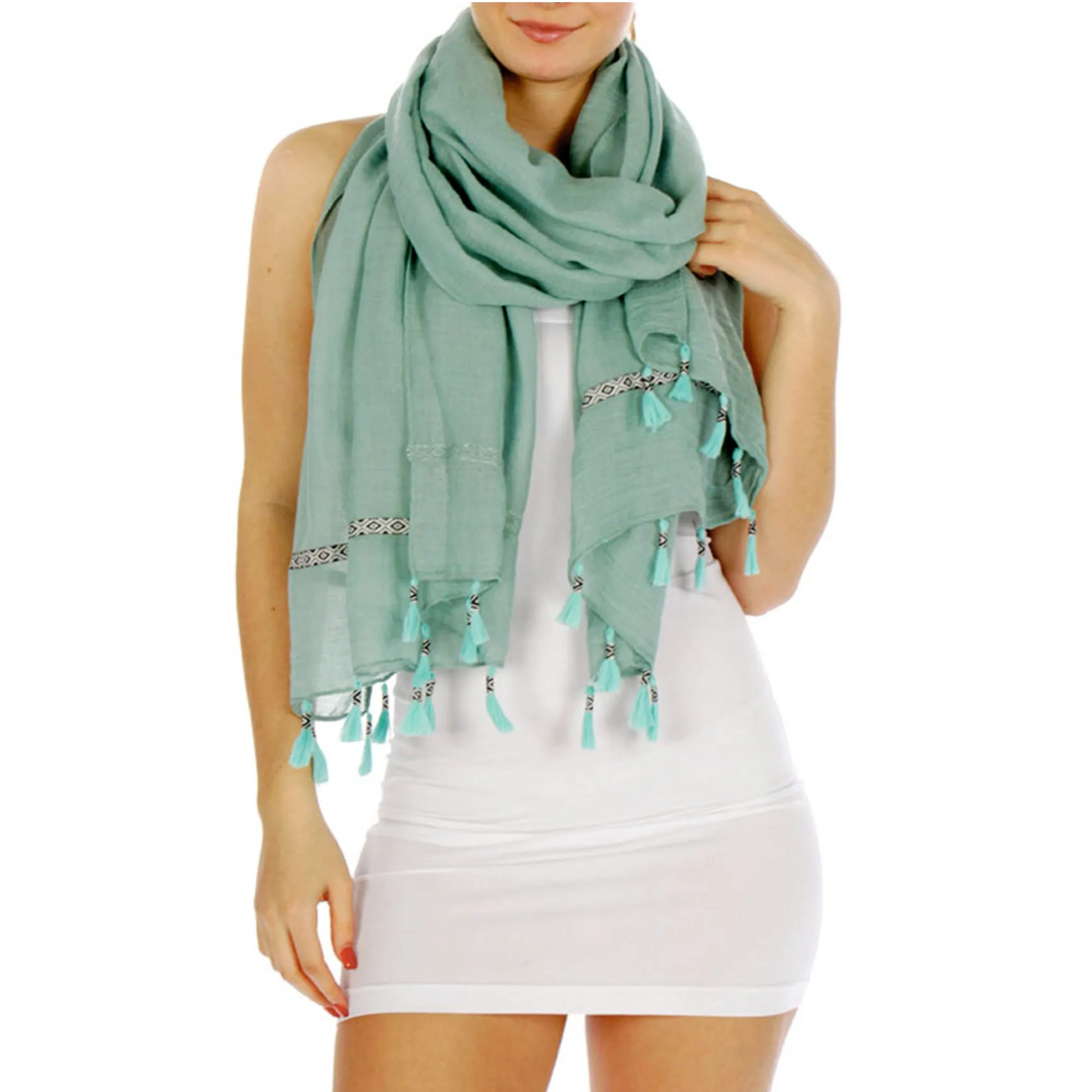 Feria Mode Women's Lightweight  Aztec Insert Trim Tasseled Scarf Shawl Wrap Cover-Up