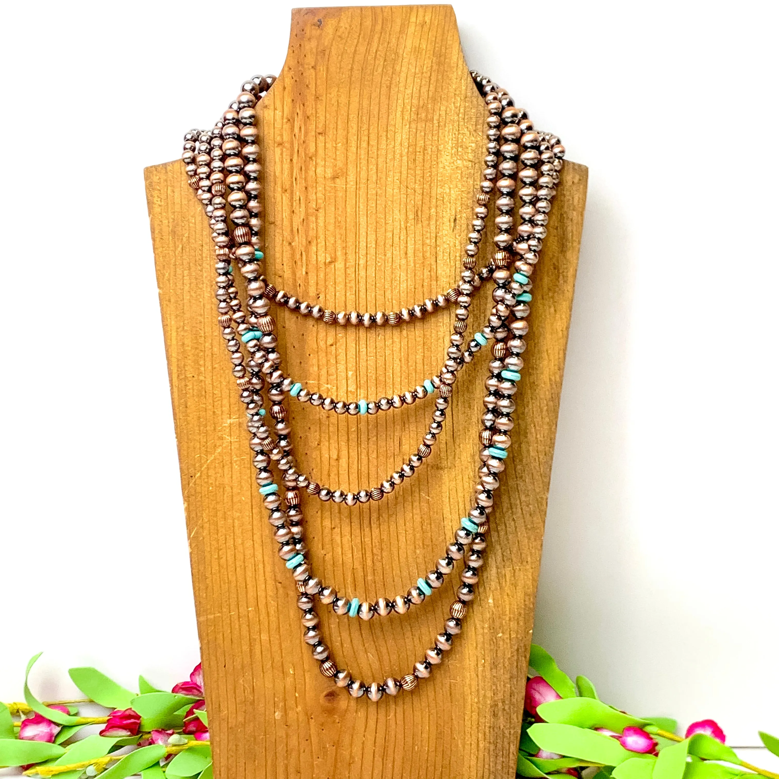 Five Row Faux Navajo Pearl Layered Necklace with Faux Turquoise Disk Bead Spacers in Copper Tone