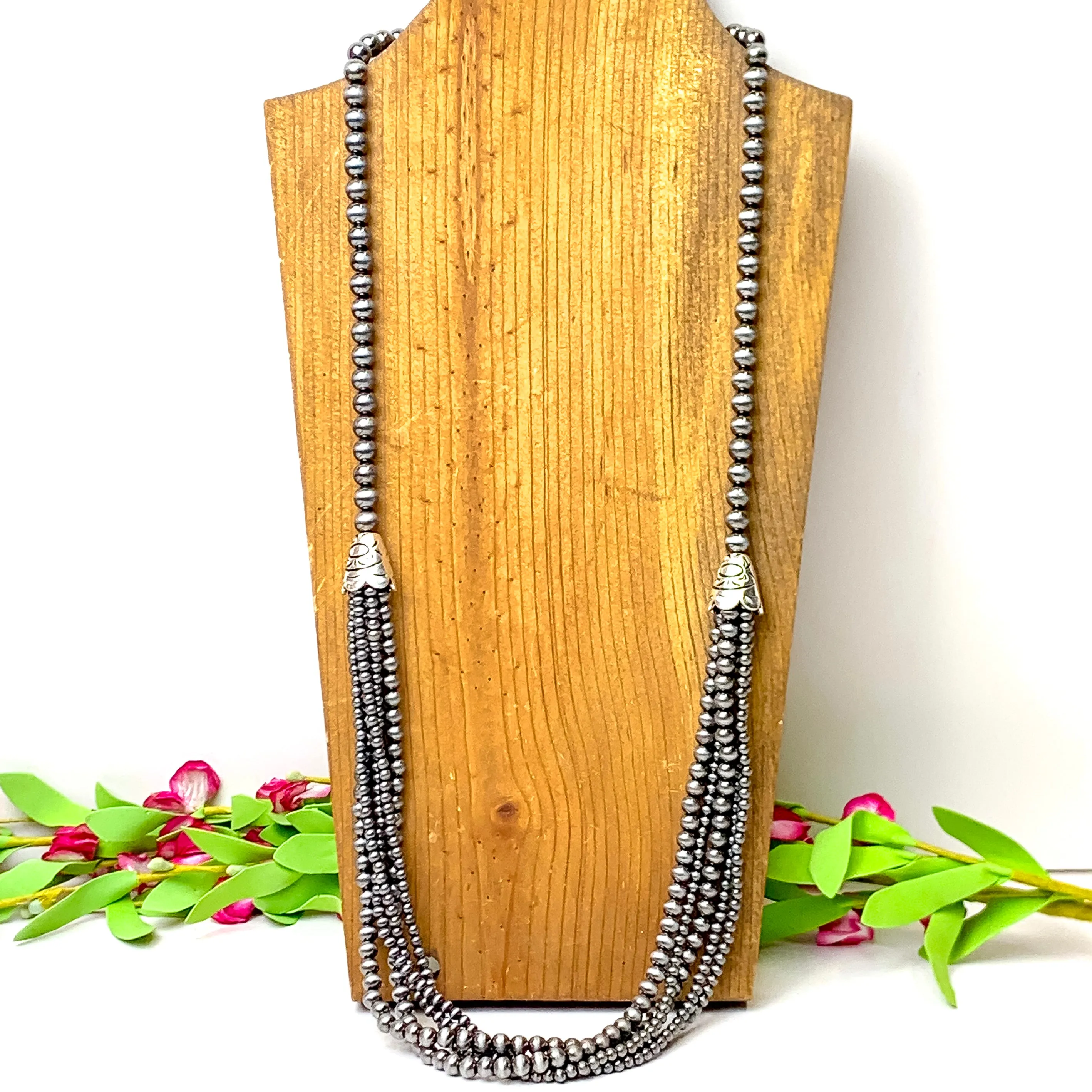 Five Row Faux Navajo Pearl Layering Necklace in Silver Tone