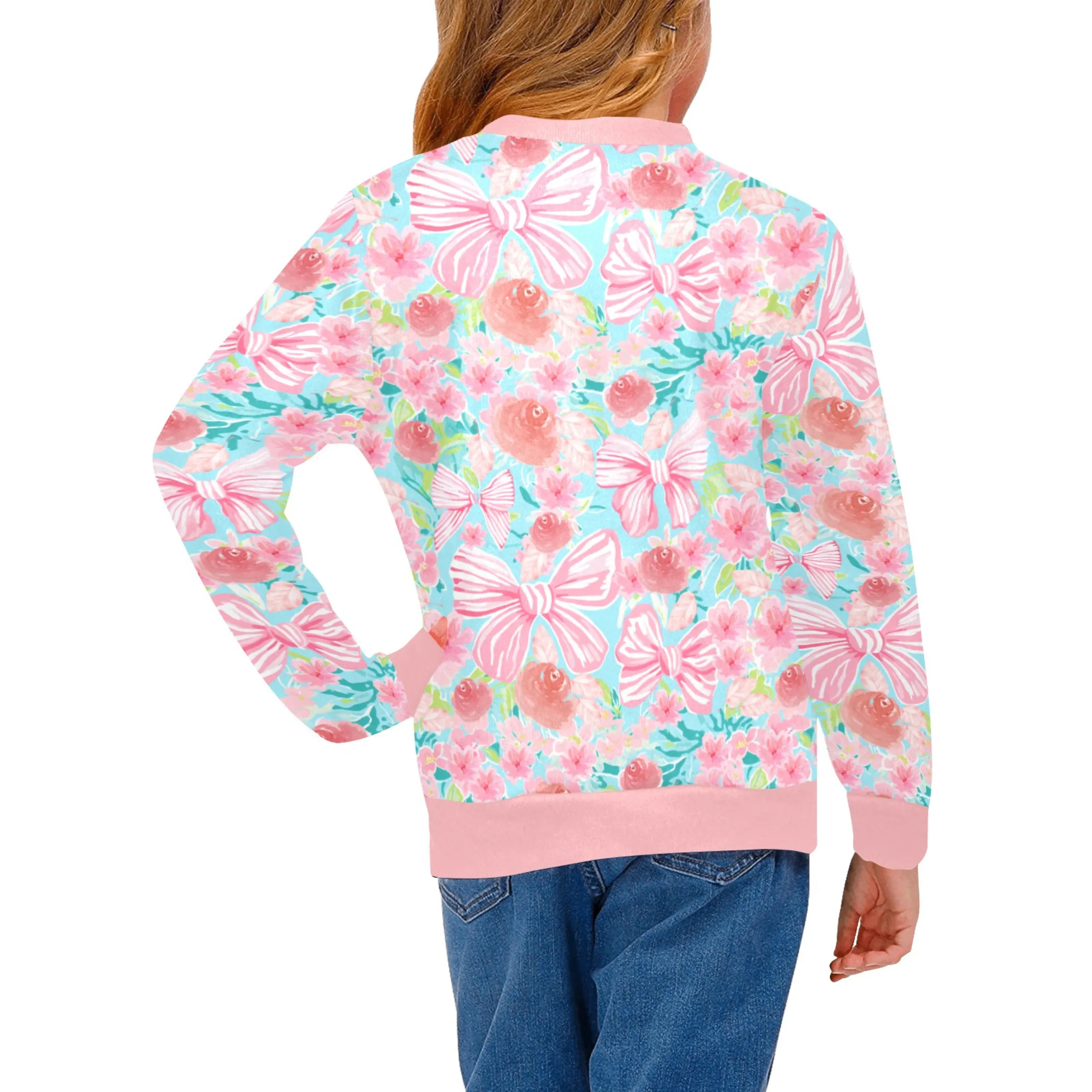 Floral Bow Crew Neck Sweatshirt | Soft Pink and Blue All Over Print | Cozy Fall & Winter Wardrobe Essential