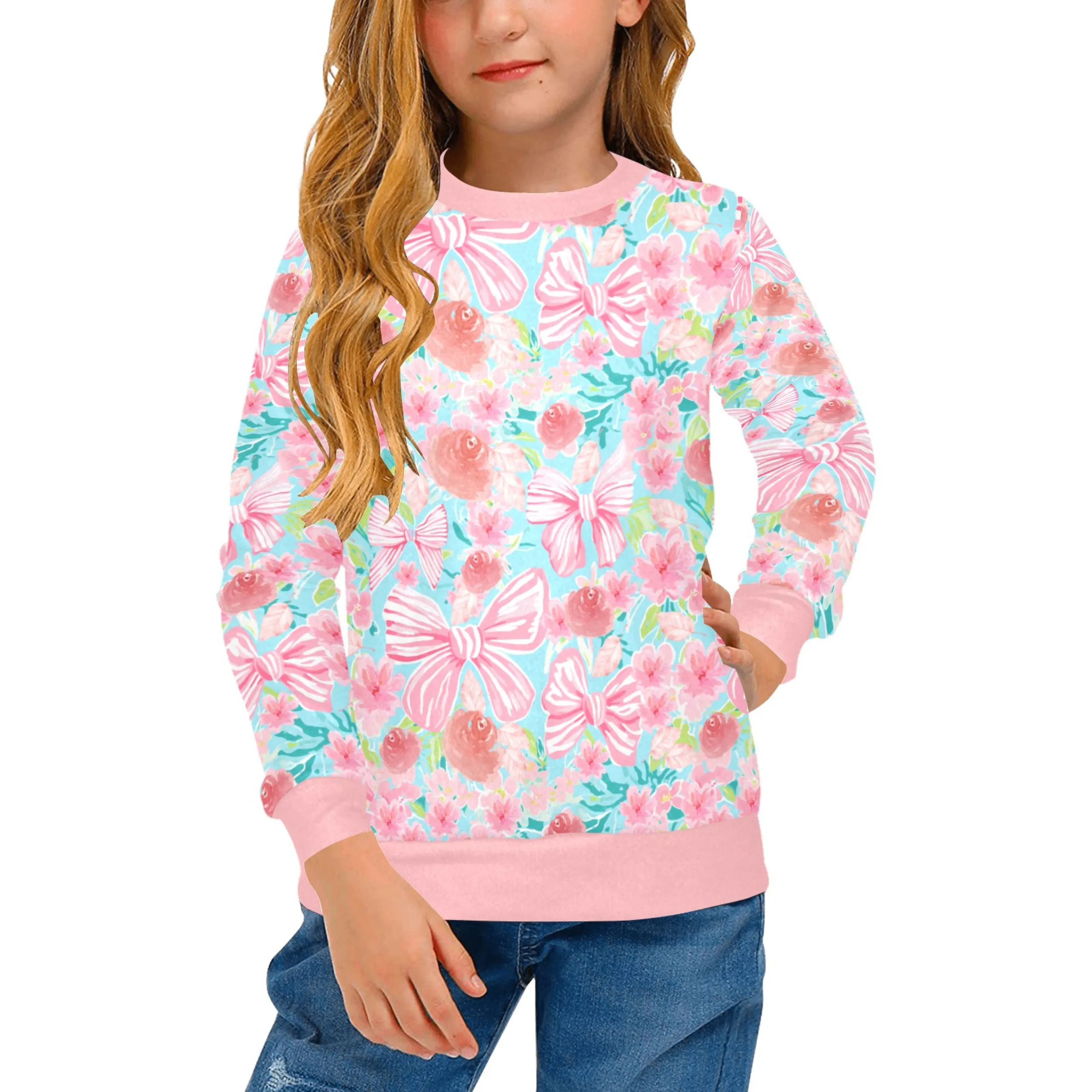 Floral Bow Crew Neck Sweatshirt | Soft Pink and Blue All Over Print | Cozy Fall & Winter Wardrobe Essential