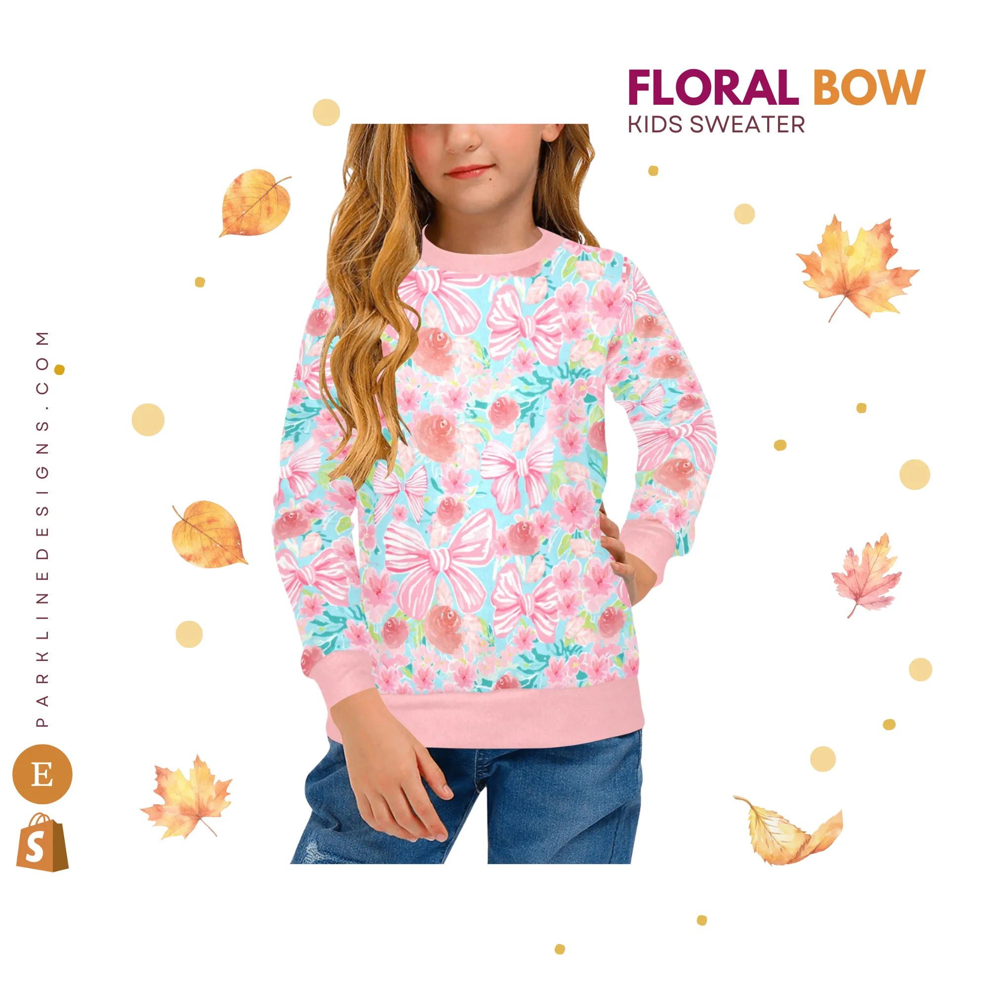 Floral Bow Crew Neck Sweatshirt | Soft Pink and Blue All Over Print | Cozy Fall & Winter Wardrobe Essential