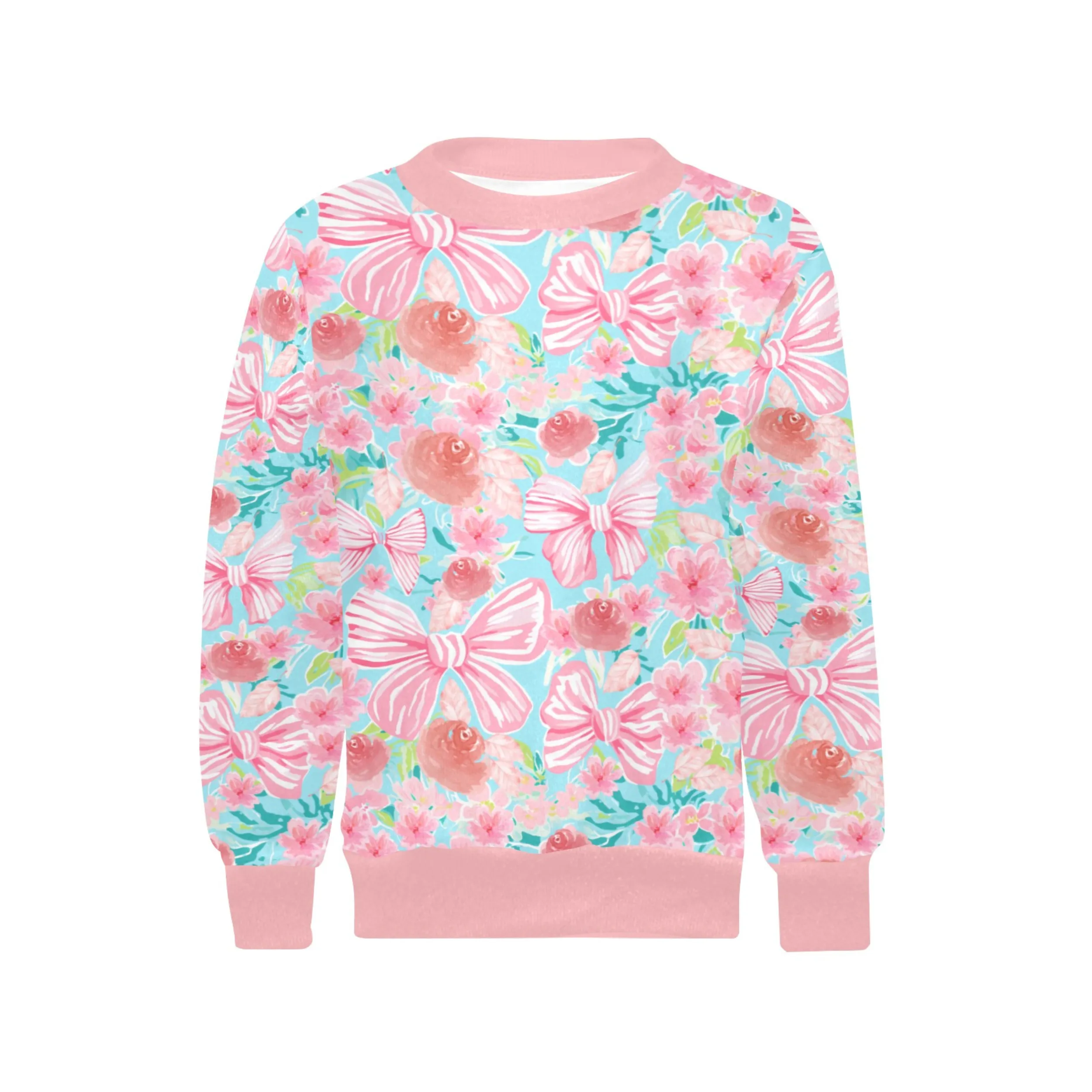 Floral Bow Crew Neck Sweatshirt | Soft Pink and Blue All Over Print | Cozy Fall & Winter Wardrobe Essential