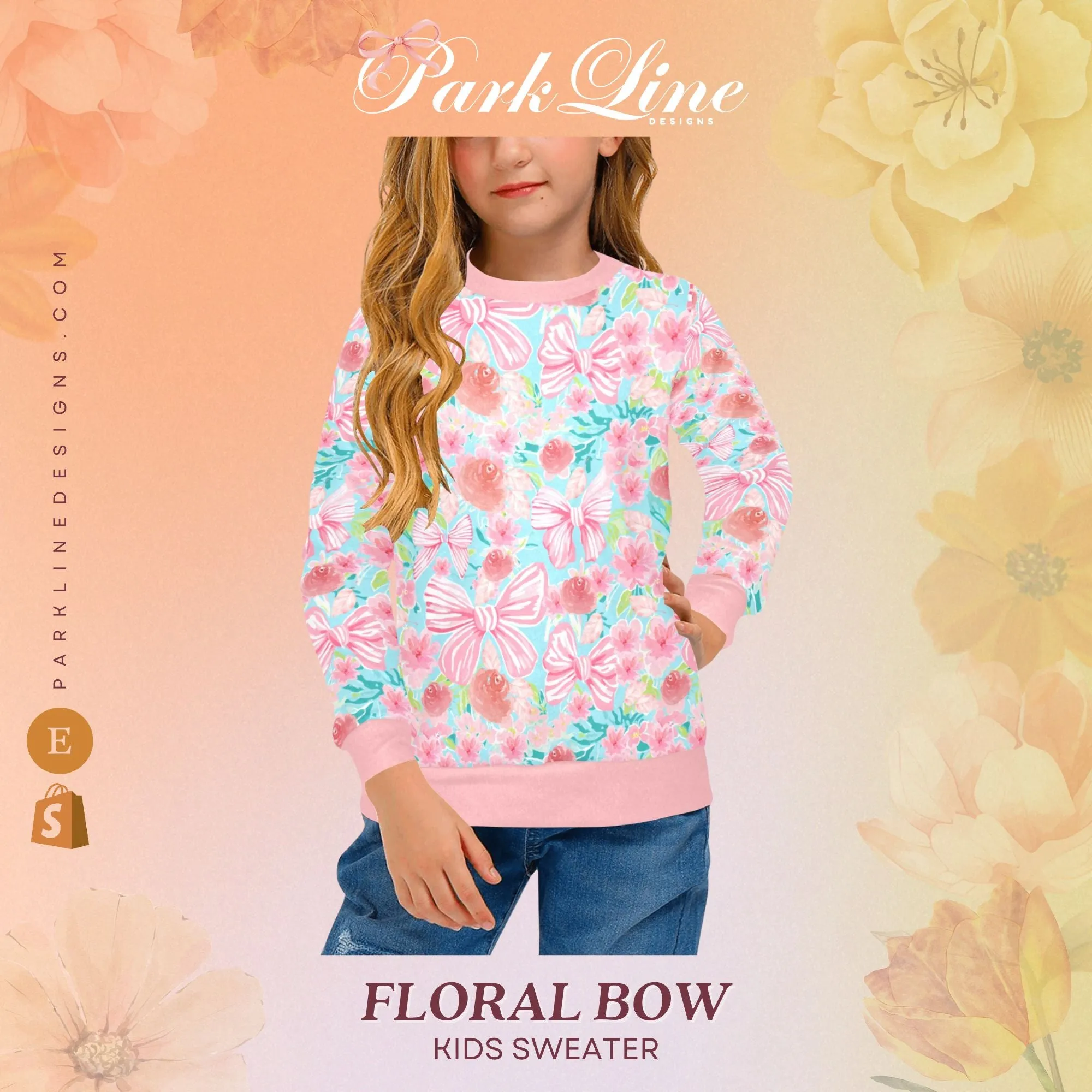 Floral Bow Crew Neck Sweatshirt | Soft Pink and Blue All Over Print | Cozy Fall & Winter Wardrobe Essential