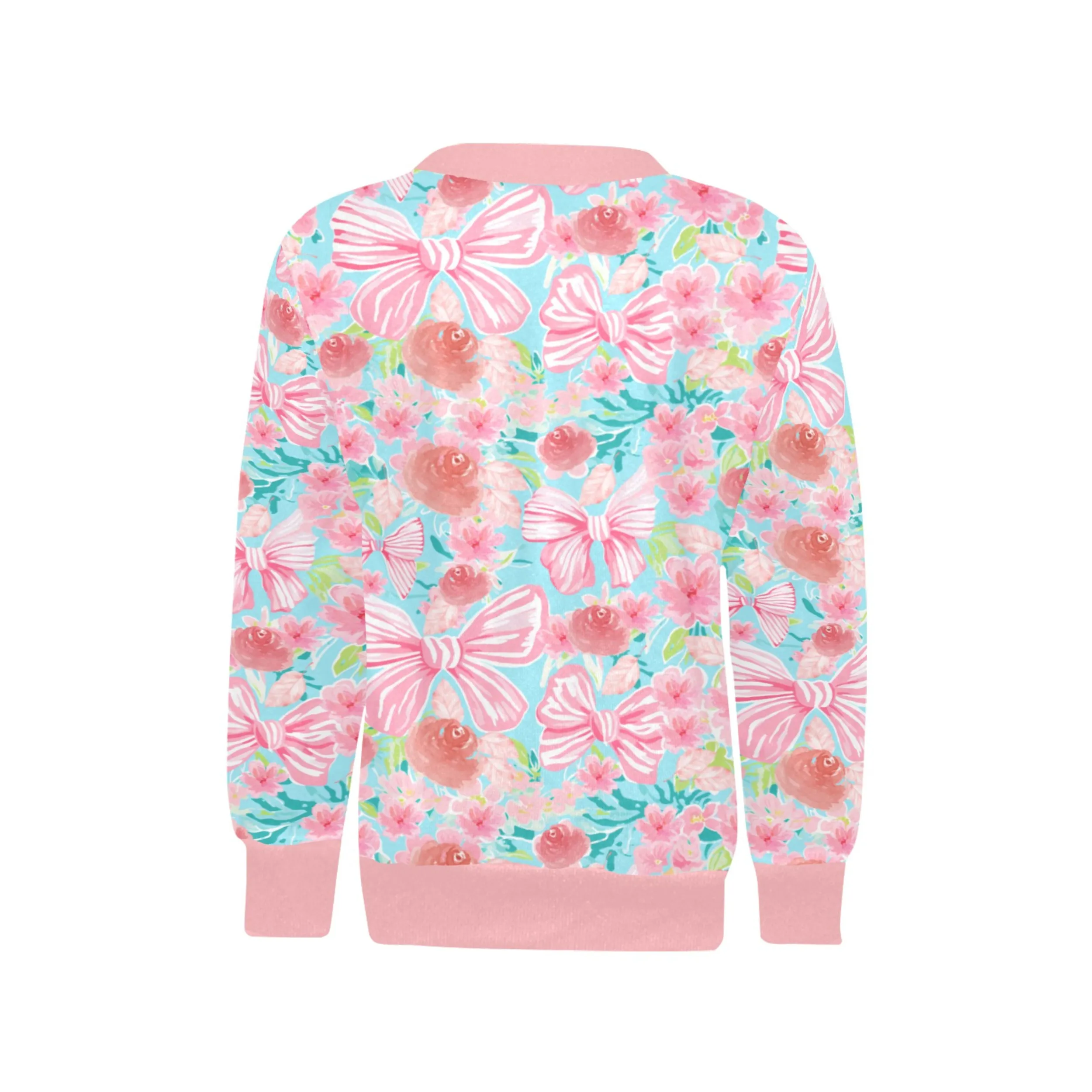 Floral Bow Crew Neck Sweatshirt | Soft Pink and Blue All Over Print | Cozy Fall & Winter Wardrobe Essential