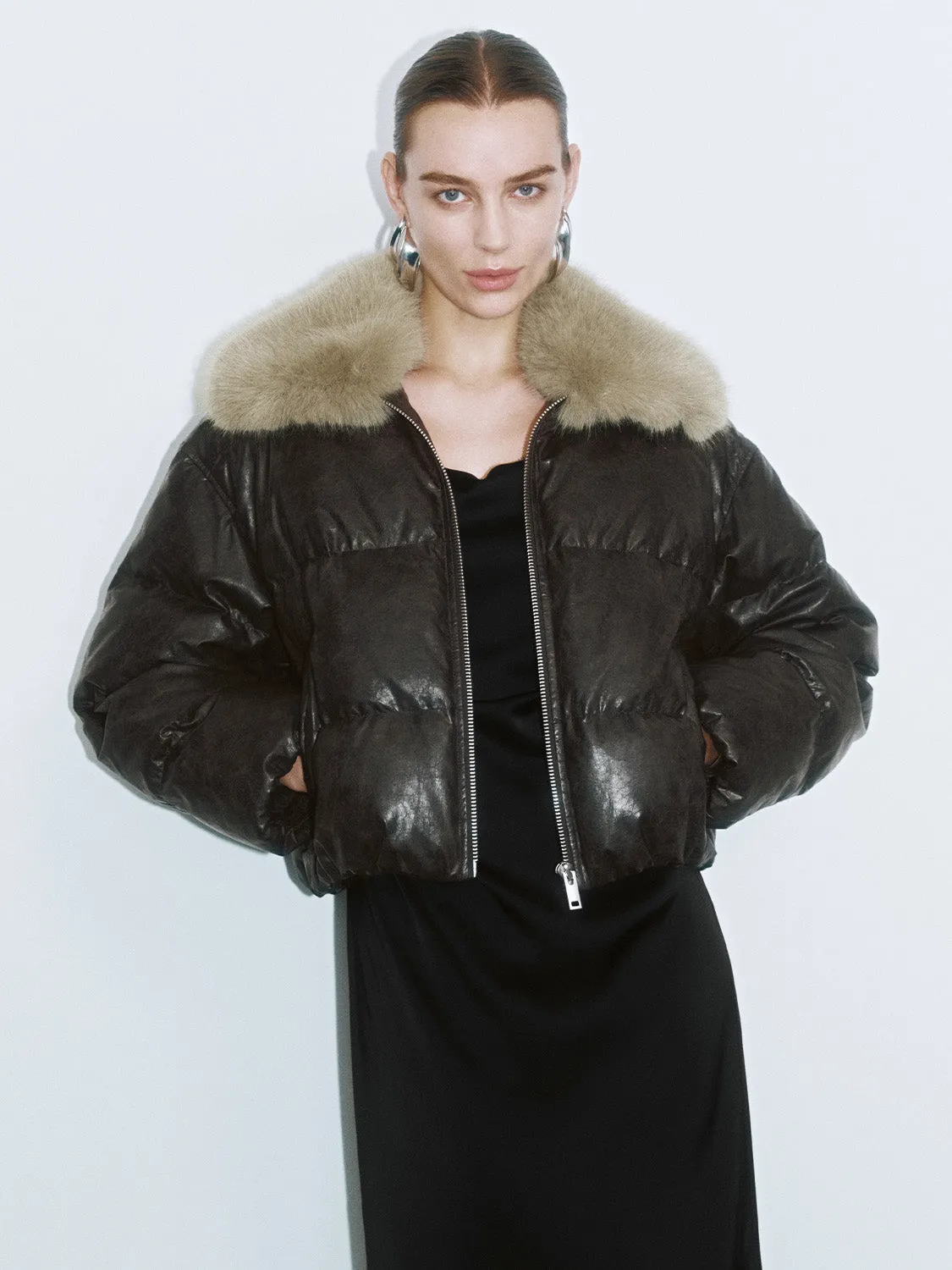 Fur Collar Leather Down Outerwear