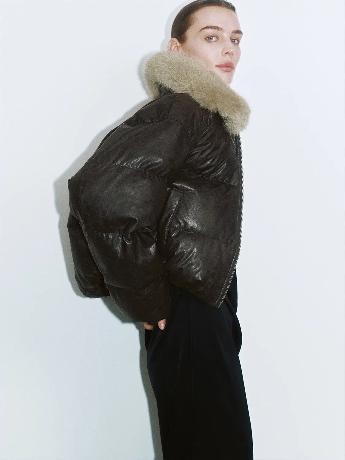 Fur Collar Leather Down Outerwear