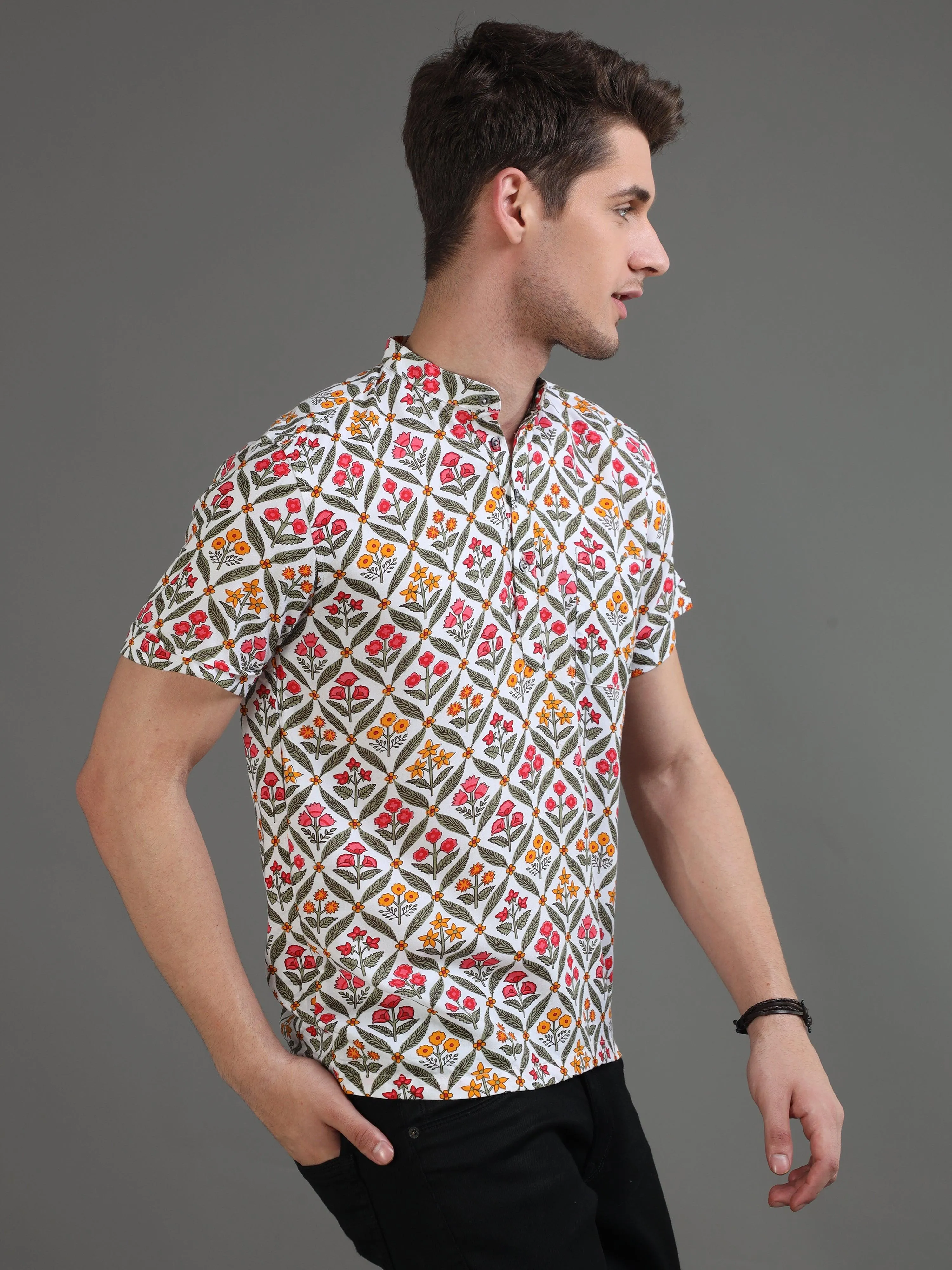 Geofloral Printed Half Sleeves Kurta Shirt