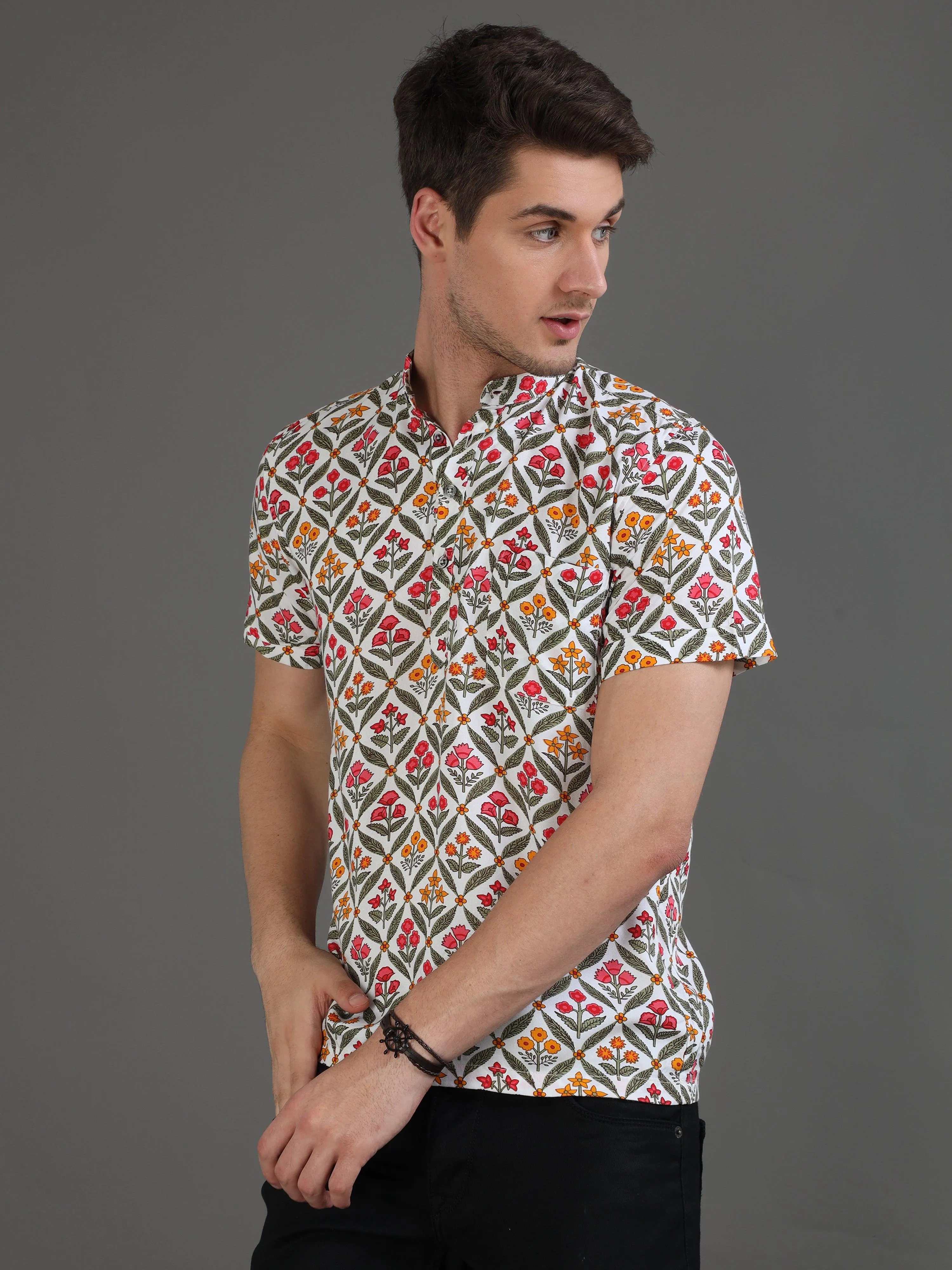 Geofloral Printed Half Sleeves Kurta Shirt