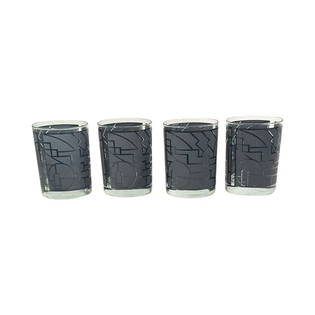 Georges Briard Signed Art Deco Gray Double Old Fashion Glasses (Set of 4)