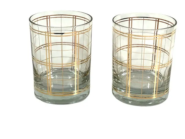 Georges Briard Signed Mid-Century Golden Squares Double Old Fashion Glasses (Set of 2)