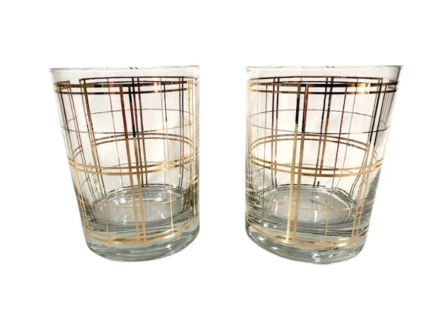 Georges Briard Signed Mid-Century Golden Squares Double Old Fashion Glasses (Set of 2)