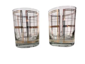 Georges Briard Signed Mid-Century Golden Squares Double Old Fashion Glasses (Set of 2)