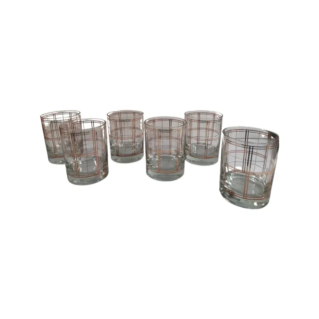 Georges Briard Signed Mid-Century Golden Squares Double Old Fashion Glasses (Set of 6)