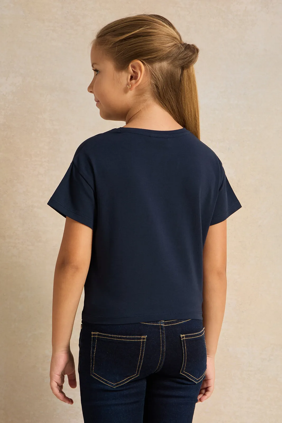 Girls Navy Crochet Swan Knotted T-Shirt