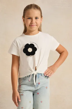 Girls White Crochet Flower Knotted T-Shirt