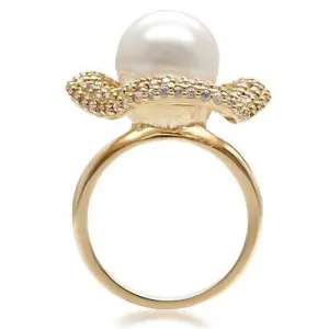 Gold Brass Ring with Synthetic Pearl in White for Women Style 1W103