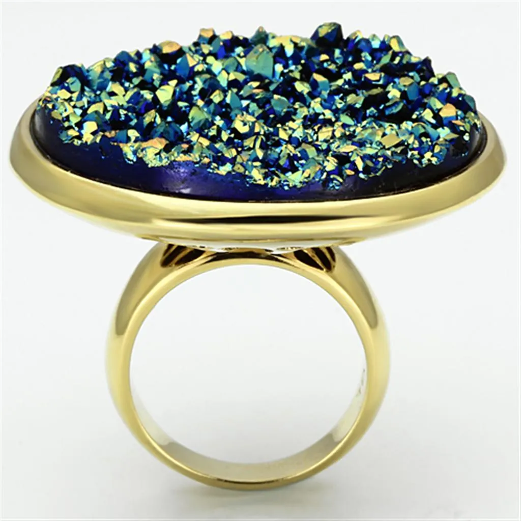 Gold(Ion Plating) Brass Ring with Synthetic in Sapphire for Women Style VL086