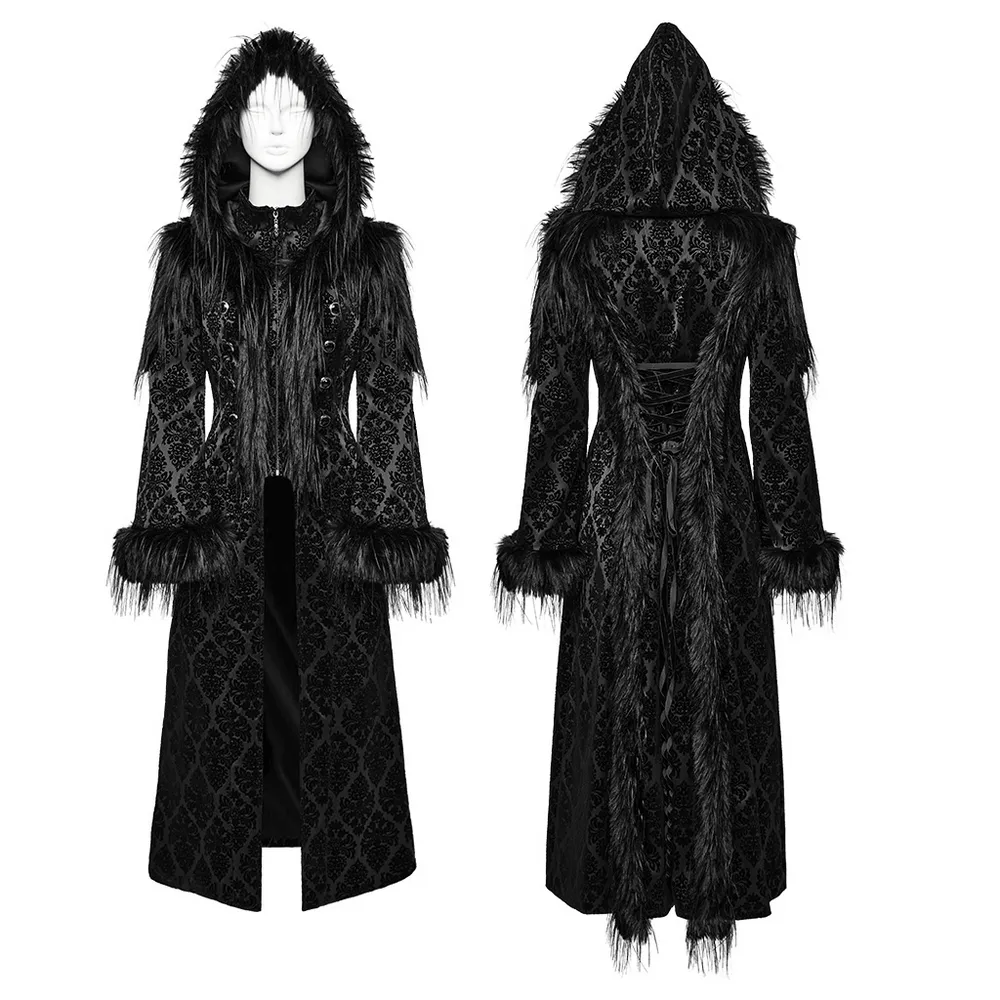 Gothic Hooded Jacquard Coat with Faux Fur Trim