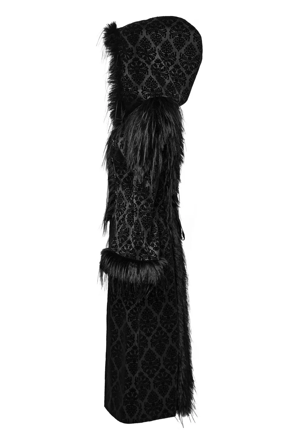 Gothic Hooded Jacquard Coat with Faux Fur Trim