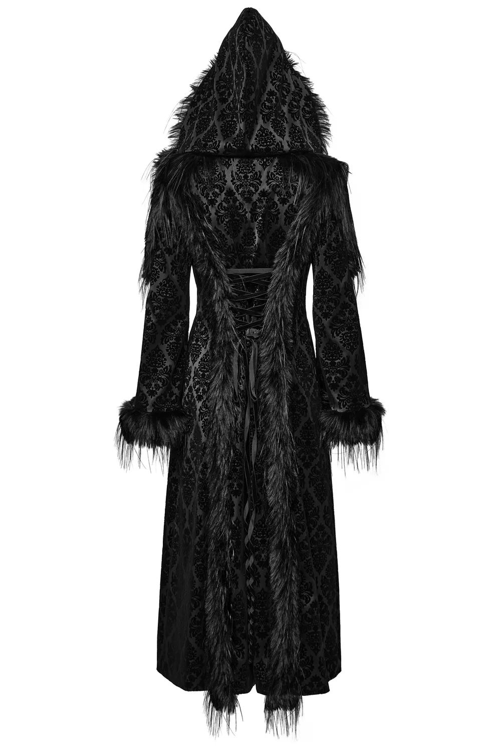 Gothic Hooded Jacquard Coat with Faux Fur Trim