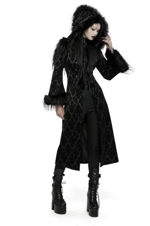 Gothic Hooded Jacquard Coat with Faux Fur Trim