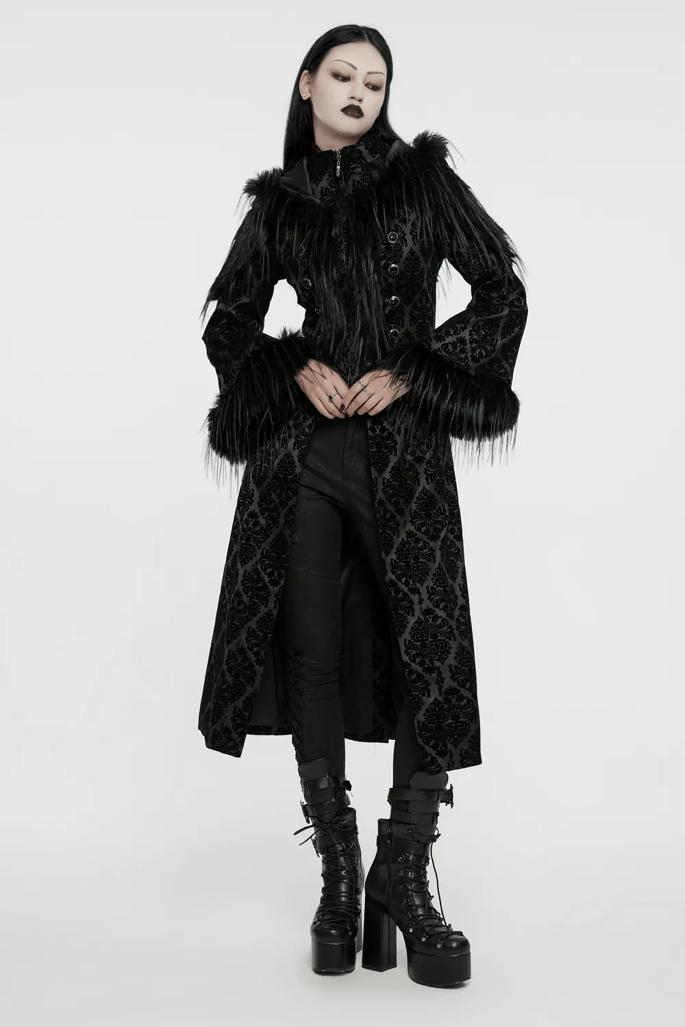 Gothic Hooded Jacquard Coat with Faux Fur Trim