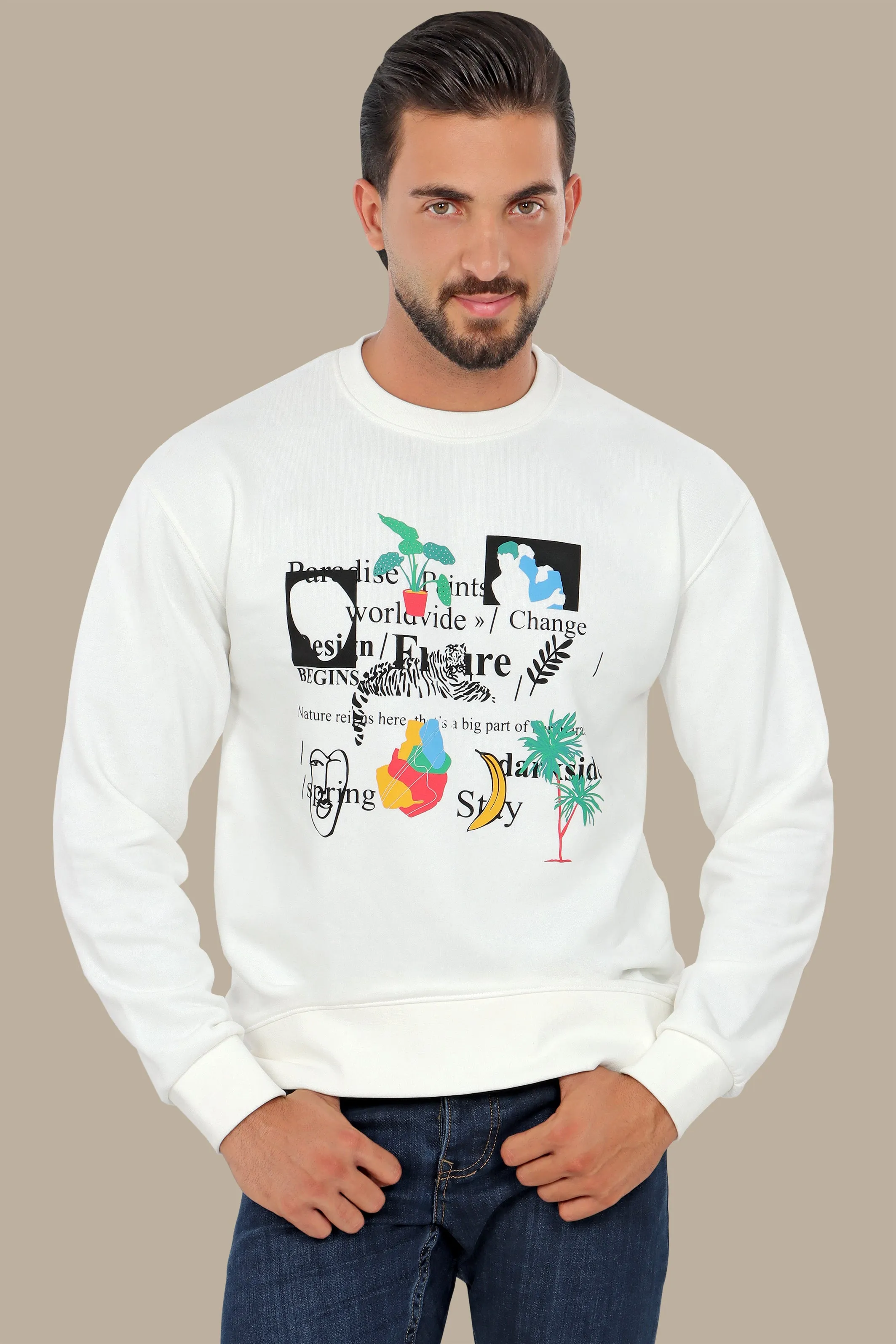 Graphic Appeal: White Sweatshirt with R Prints & Letters